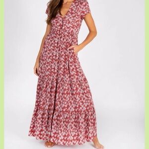 Natural Life Evangeline Tiered Maxi Dress L Brick Red Wildflower Boho V Neck